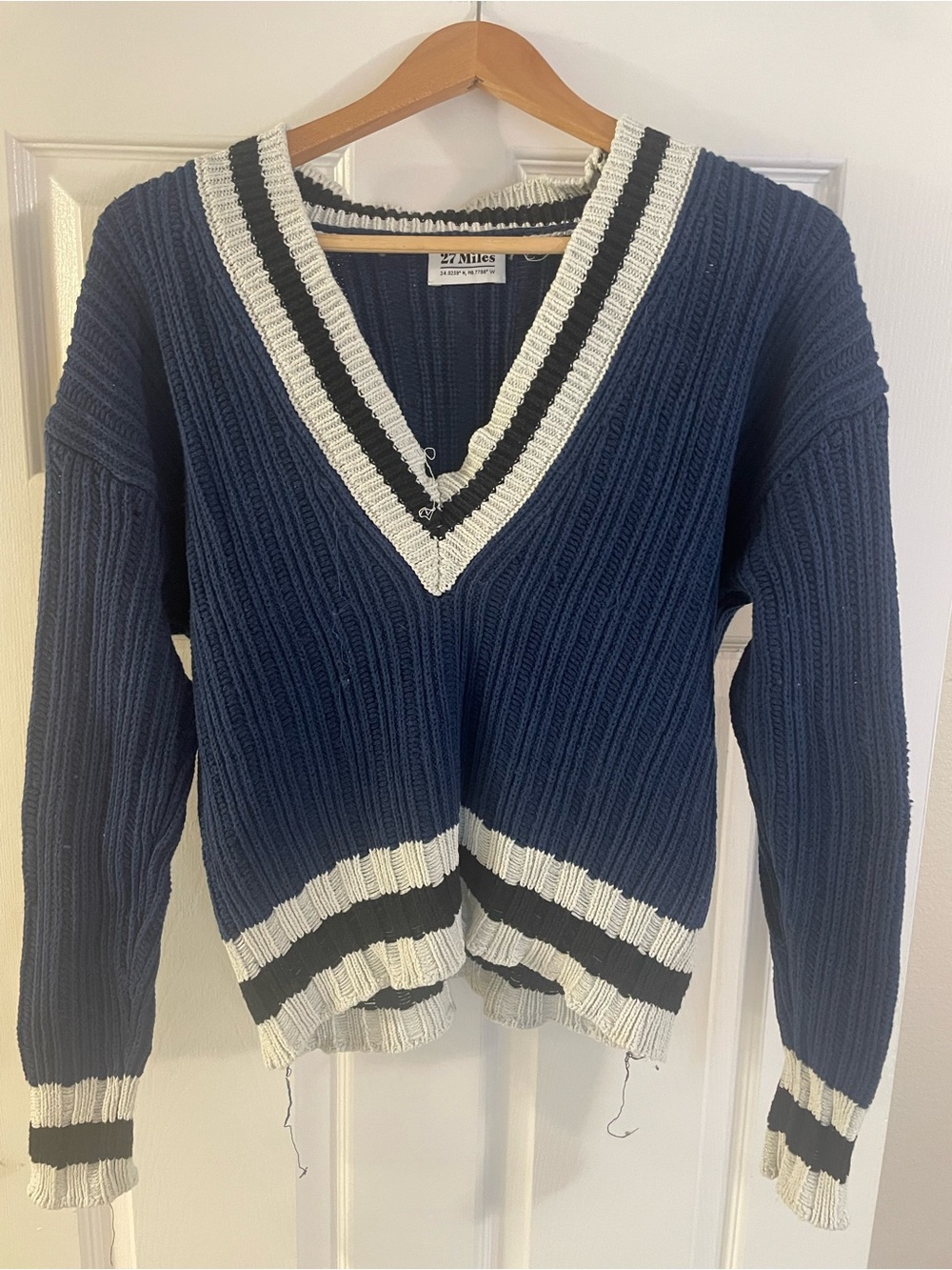 27 Miles Navy V-Neck Ribbed Sweater with White & Black Stripe Trim